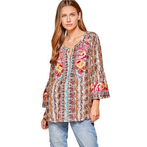 Savanna Jane Animal Print Peasant Blouse Top Large Embroidered Bell Sleeve Boho